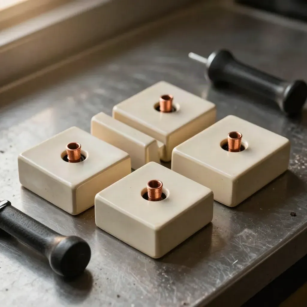 Ceramic insulators, cable ferrules, and a switchgear handle on brushed metal