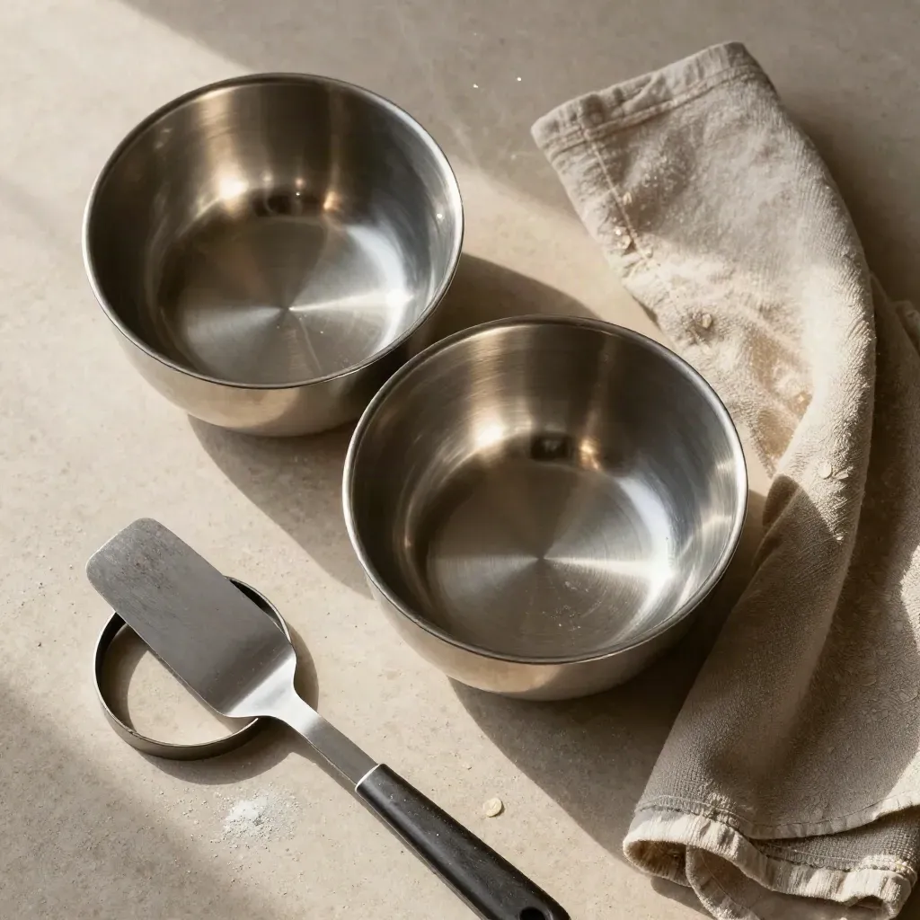 Top-down bakery prep still life with stainless bowls, pastry ring, spatula and linen on pale stone.
