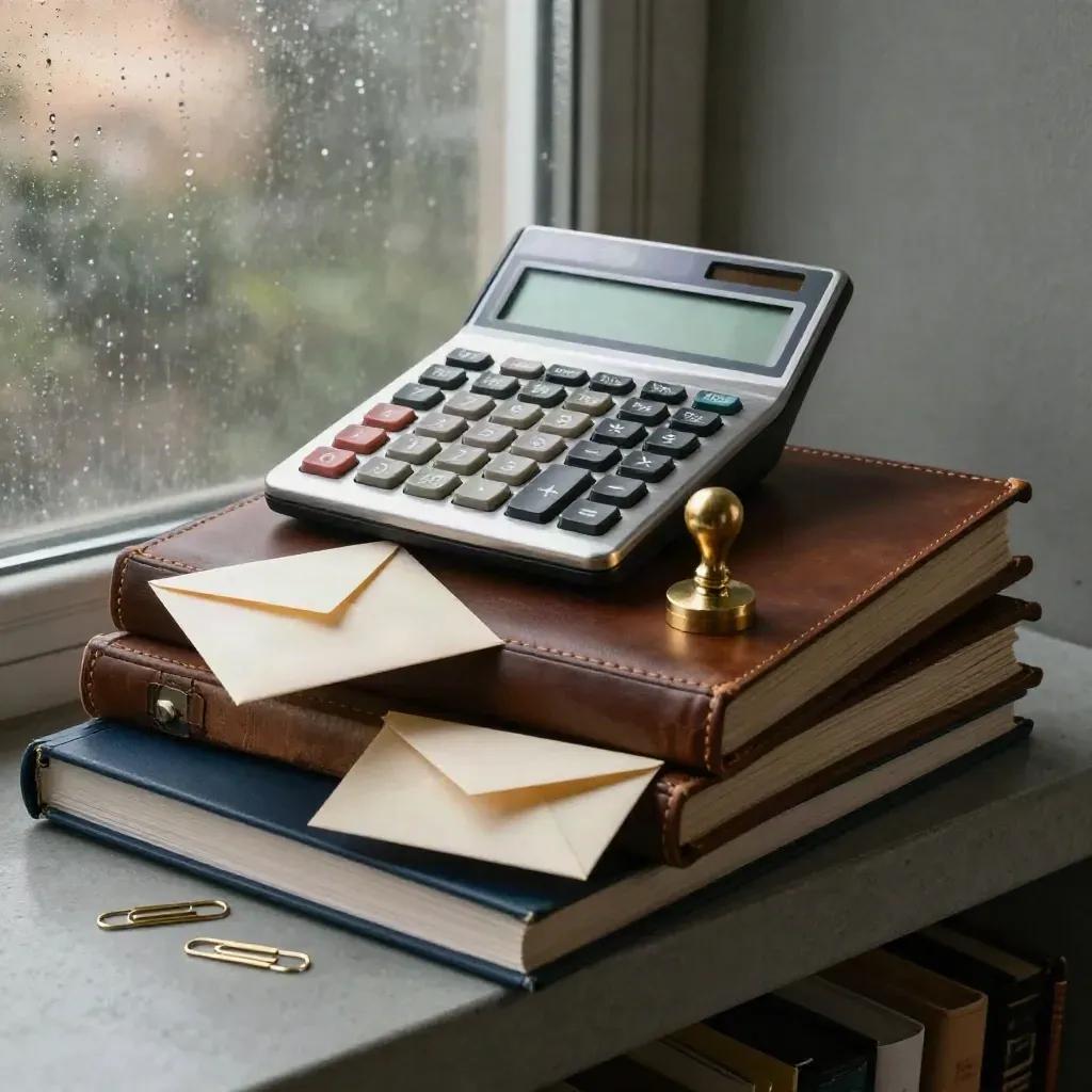 Brushed-steel calculator with ledger binders, seal stamp and envelopes on a rain-cool archive shelf.