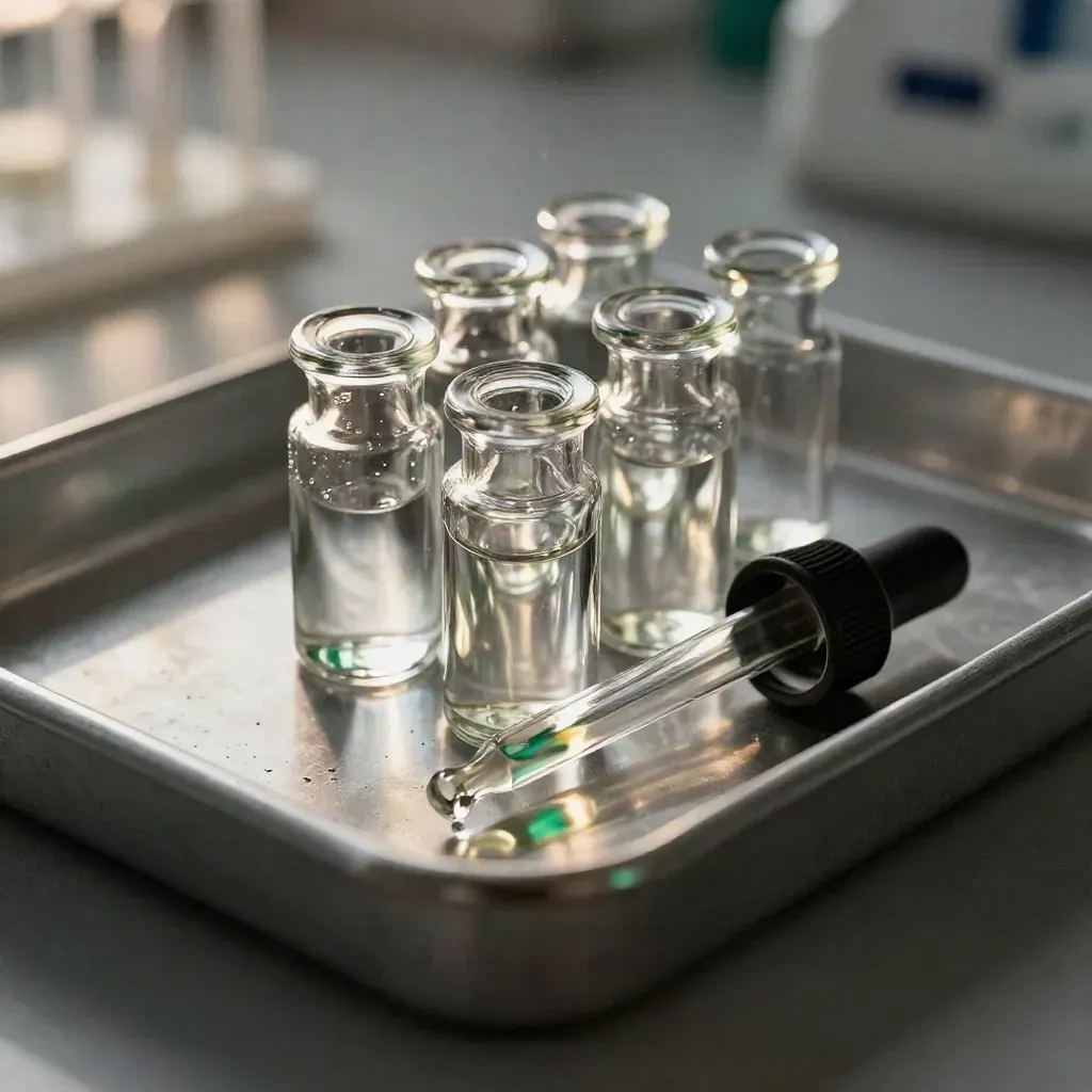 Macro still life of lab vials, sample tray, and glass dropper on brushed graphite