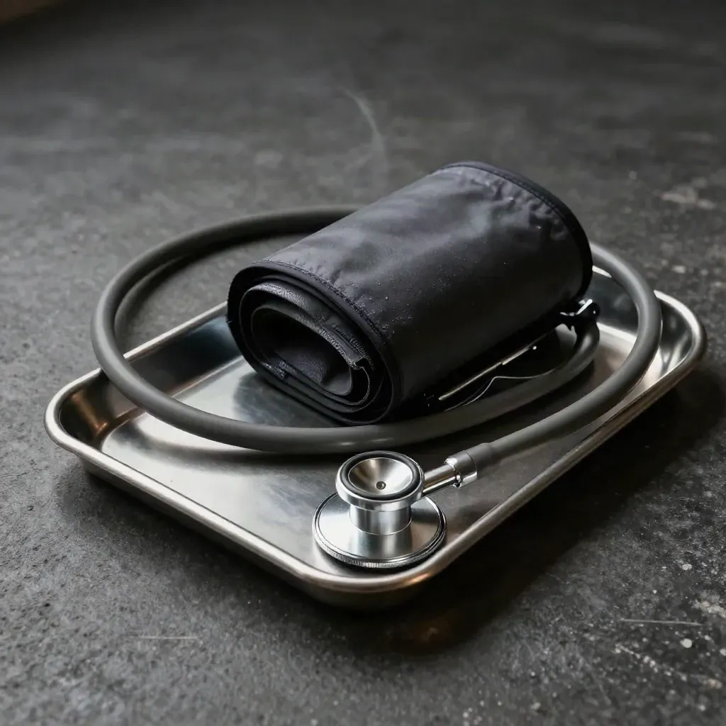 Blood-pressure cuff, stethoscope, and stainless tray on dark concrete in a dramatic clinical still life.