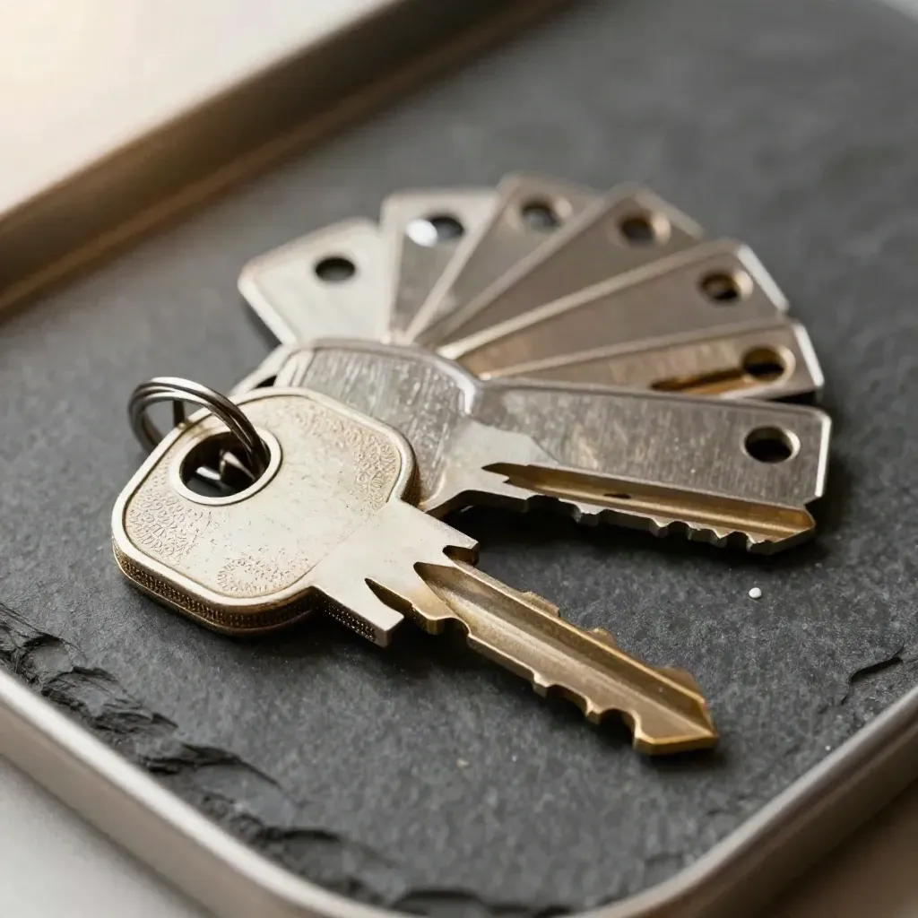 Extreme macro of brass account keys and metal tabs fanned on dark stone
