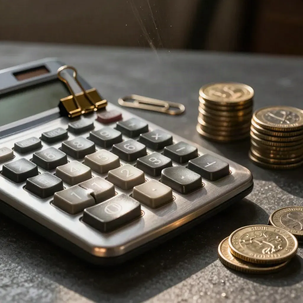 Brushed-metal calculator with coin stacks, brass clips, and a ledger weight on graphite stone.