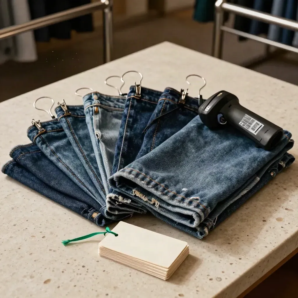 Top-down retail still life with denim swatches, hangers, a scanner and fabric tags on travertine.