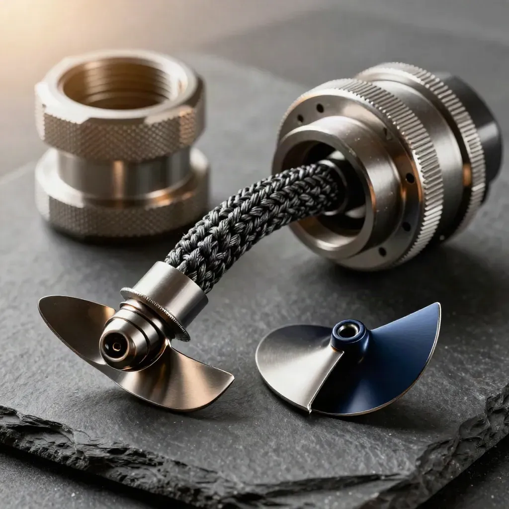 Cable glands, braided sleeve, and turbine offcut on slate in kinetic workshop light