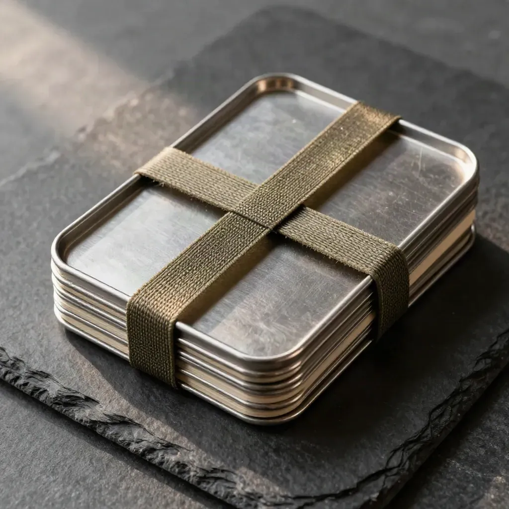 Stacked coin trays, currency bands, and a closed notebook on graphite stone, seen from above.