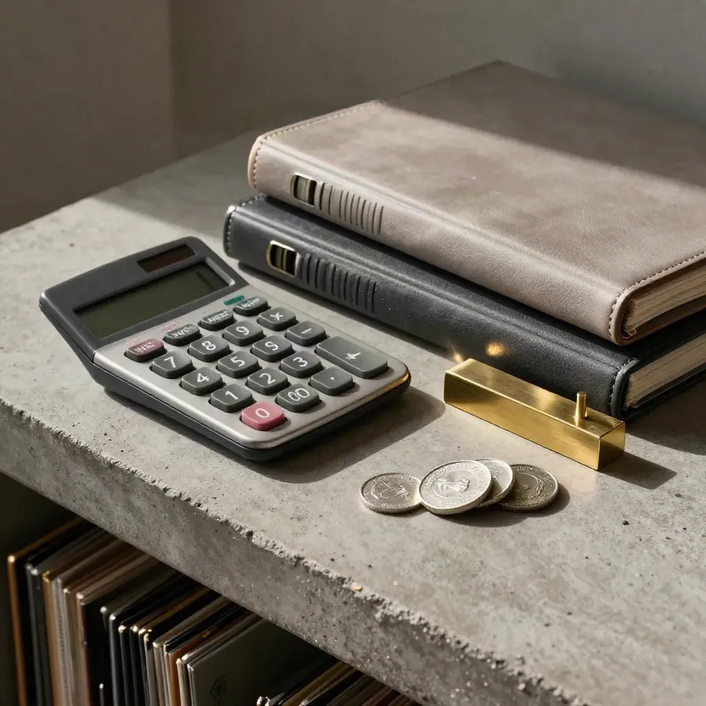 Calculator, binders, brass block and silver tokens on concrete in soft daylight.