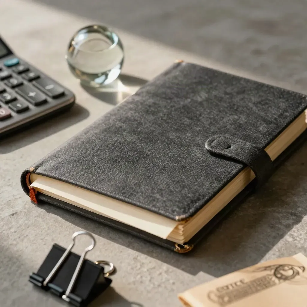 Closed forecast notebook, calculator, glass paperweight, and cash envelope on stone, seen through blurred binder spines.