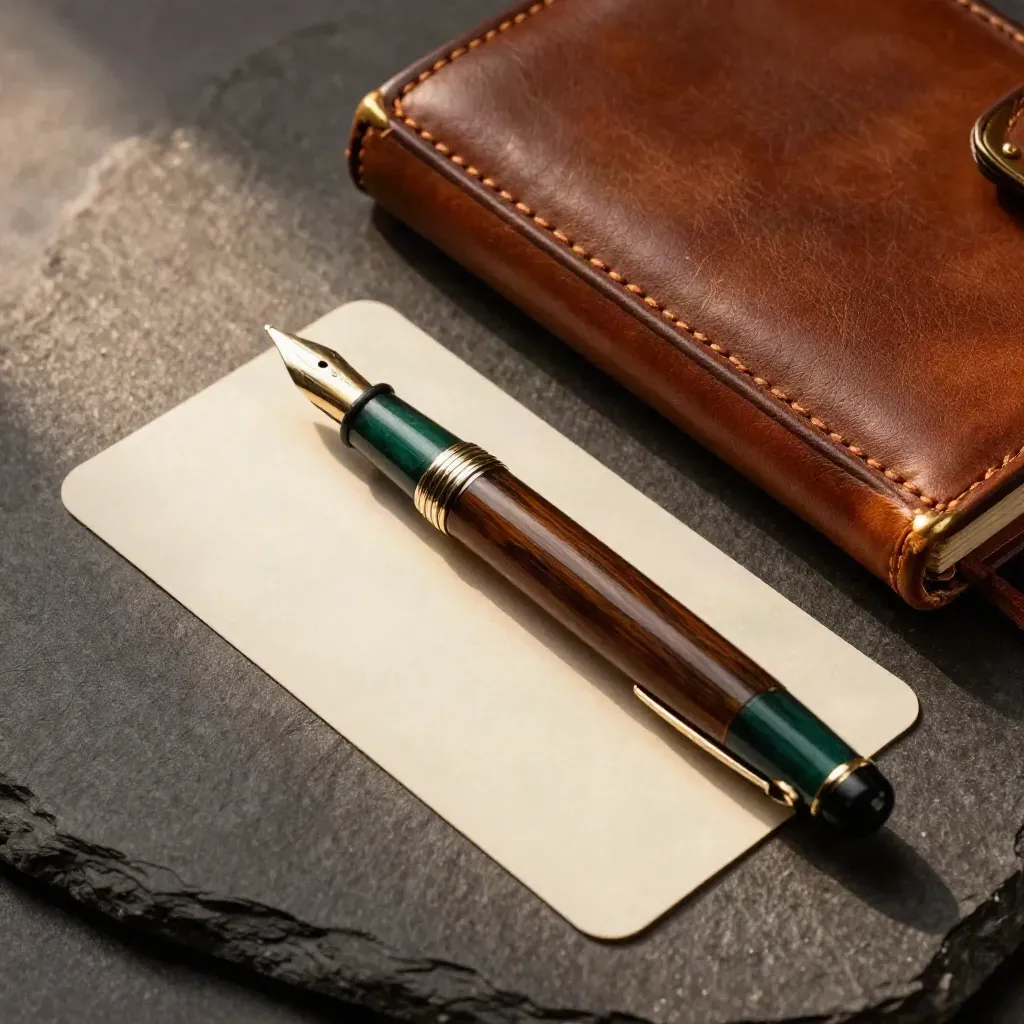 Top-down macro of a fountain pen, cream policy card, brass clip and leather notebook on graphite stone.