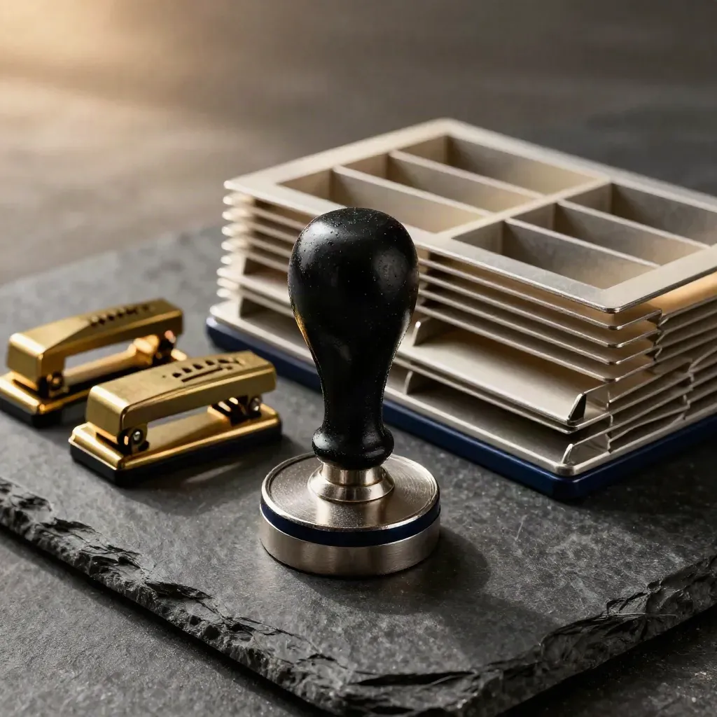 Approval stamp, tray dividers, and ticket punches on dark stone
