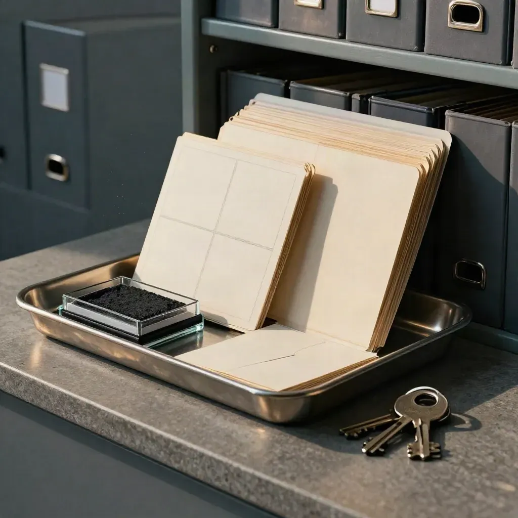 Controller tools on a stone counter: tray, file cards, stamp pad and keys in dramatic light.