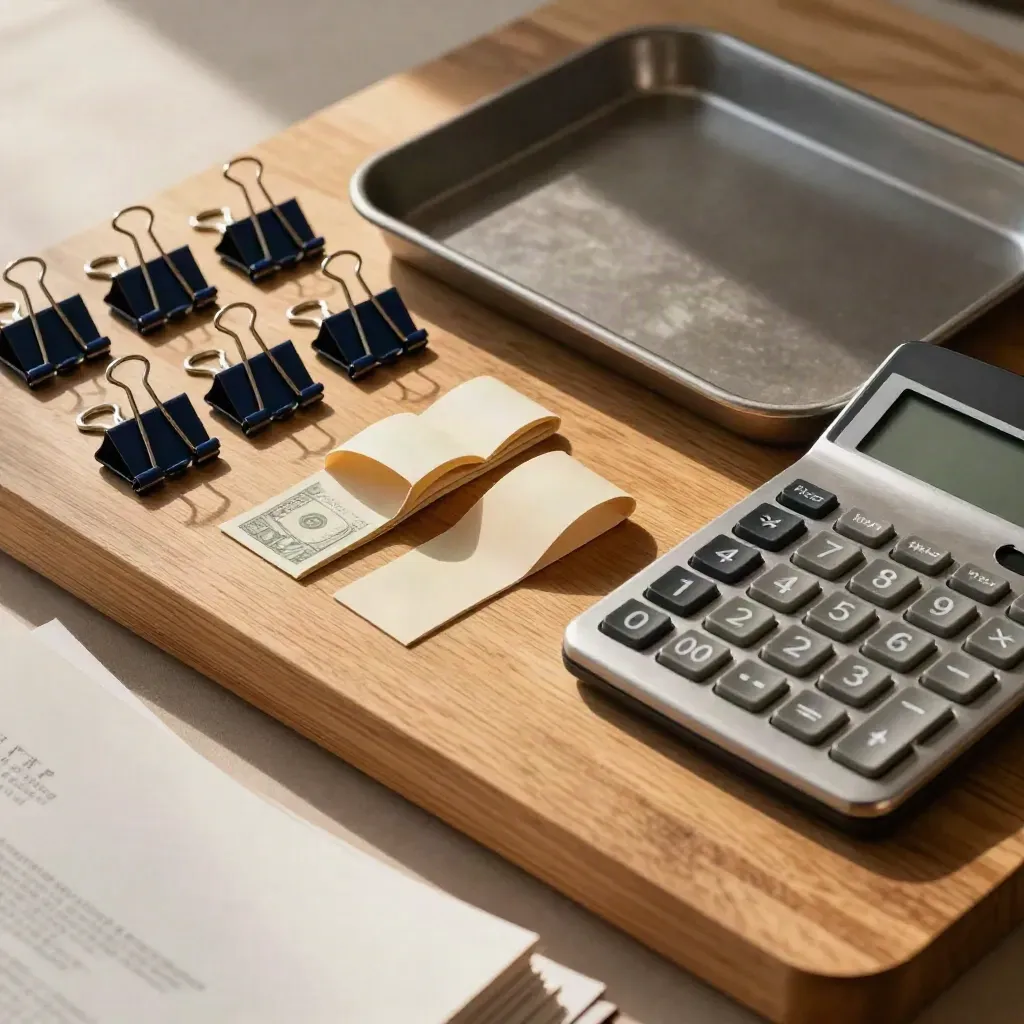 Finance tools laid out on honey oak with folders blurred in front.