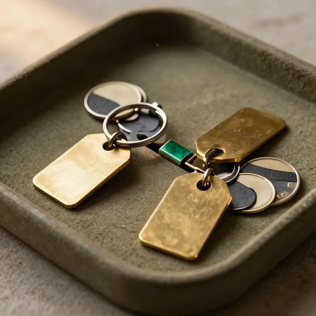 Macro of brass tags, key rings and sorted account tokens in a split tray with emerald accent.