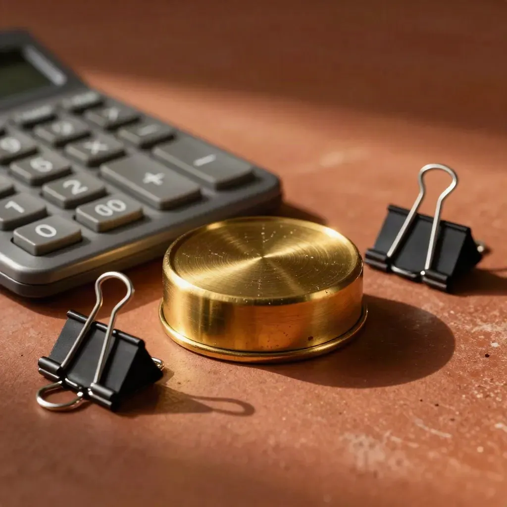 Brass counter, graphite calculator, and binder clips on terracotta clay in warm macro light