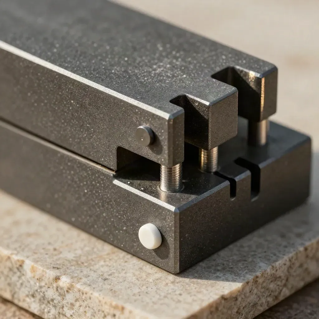 Macro of graphite modular blocks locking together with white accents on warm limestone.