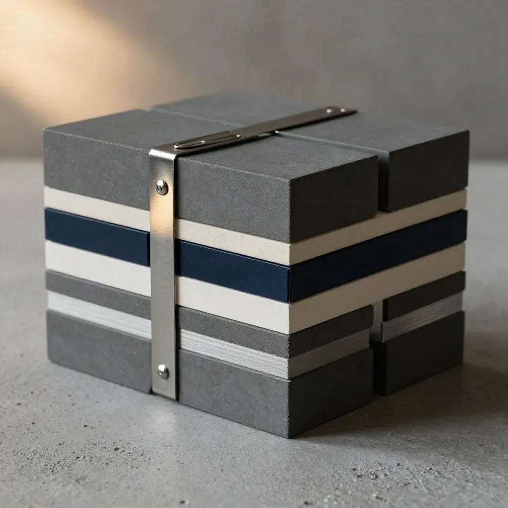 Top-down modular graphite blocks, hinge plates, and a paperclip spine on cool concrete.