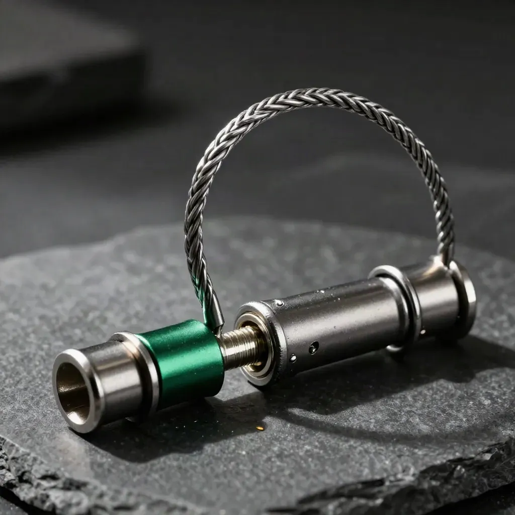 Braided metal loop threading cable couplers on dark stone with soft side light.
